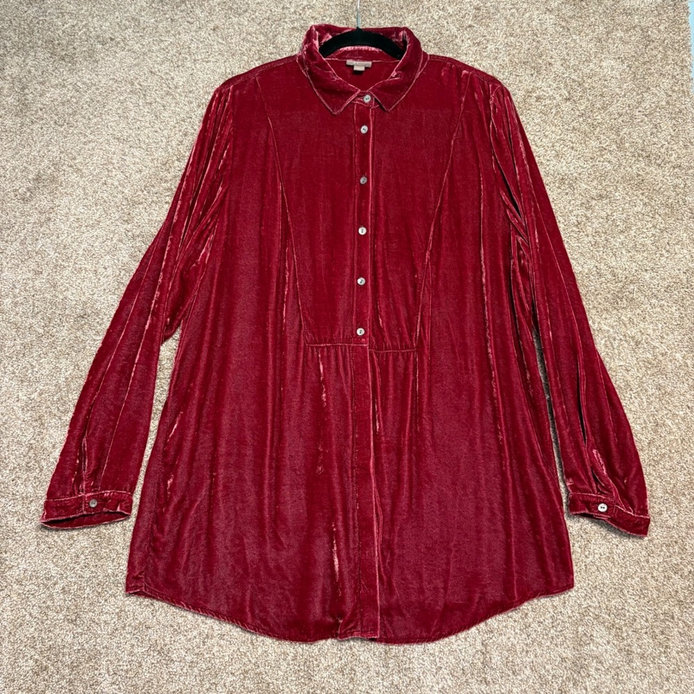 J. Jill Button Down Shift Dress Women Size XL Red Velvet Long Sleeve Collared